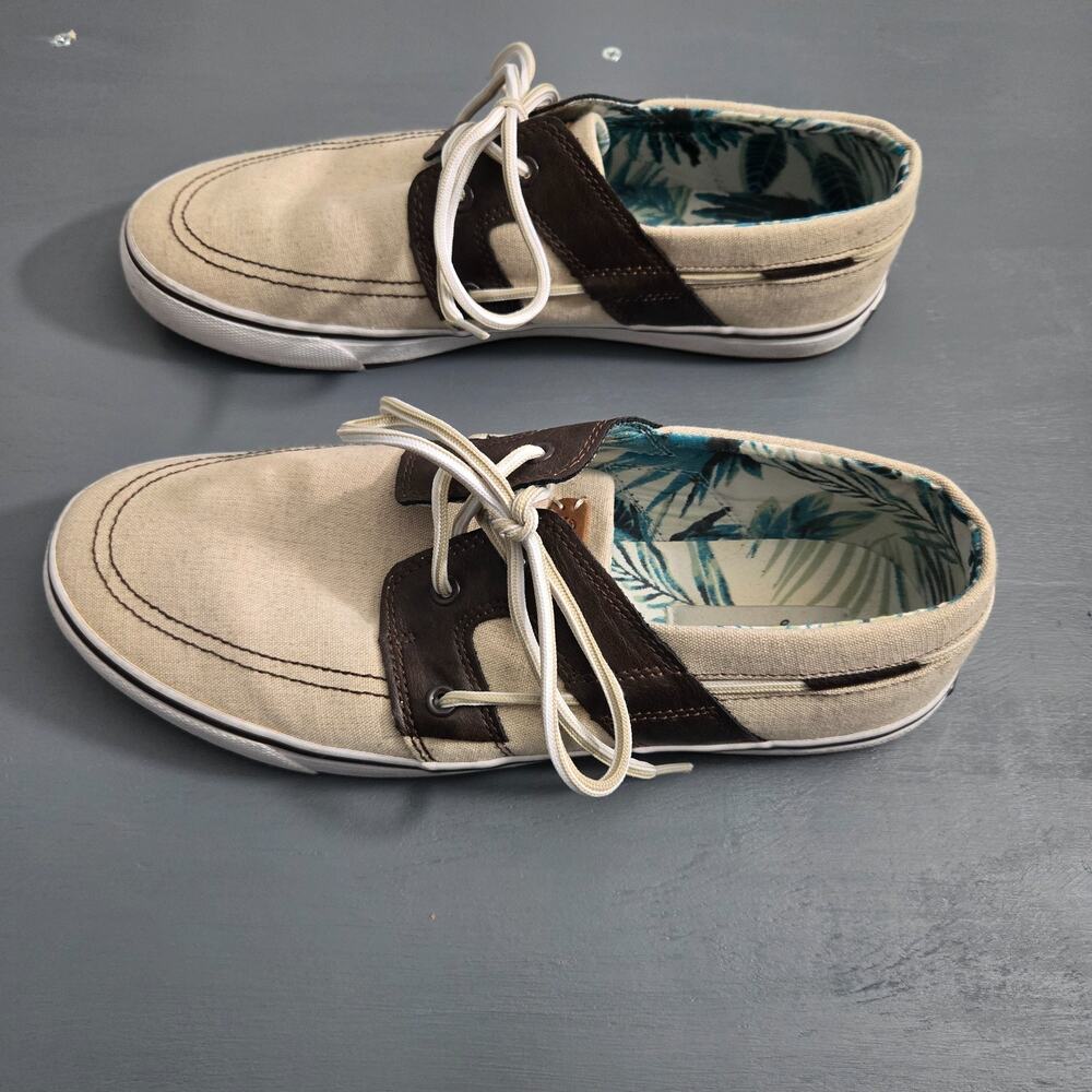Tommy Bahama Boat Shoes Mens 11.5 Tan Canvas Leather Lace Up Casual Comfort - Picture 4 of 6